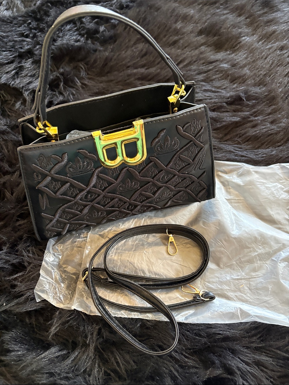 Black Embossed Shoulder Bag with Gold Hardware - Picture 2 of 8